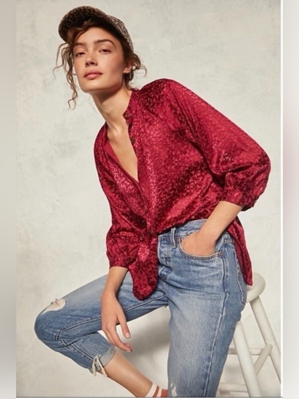 Anthropologie Susanna Velvet Burnout Semi-Sheer Buttondown Shirt- Wine Red